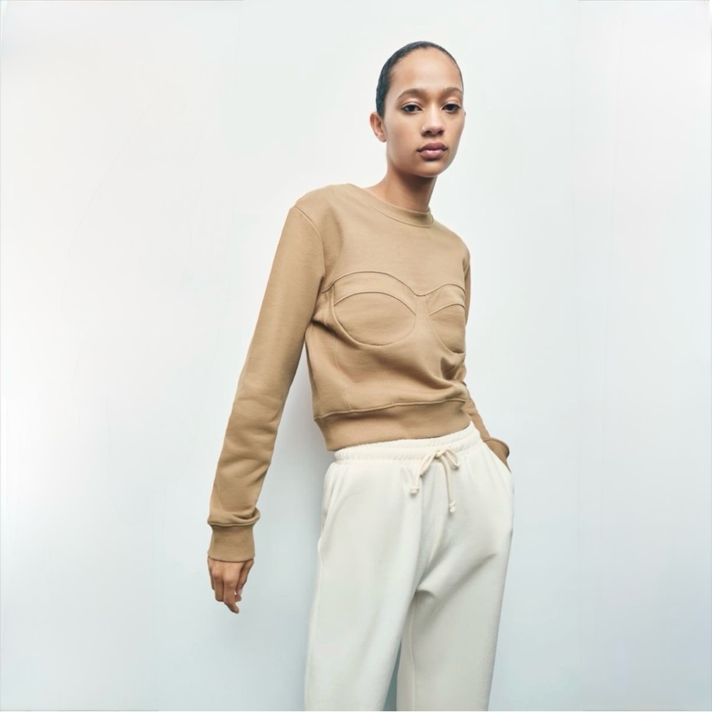 Zara Bustier Stitch Sweatshirt Beige Crewneck Cotton Size S Neutral - Picture 1 of 8
